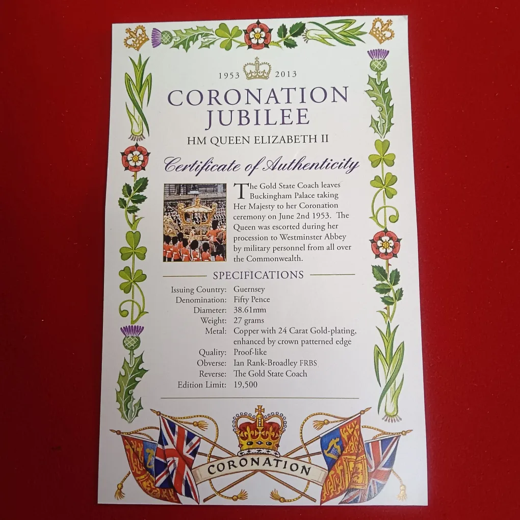 Rare Coronation Jubilee HM Queen Elizabeth Fifty Pence Proof Coin Year 2013 The Gold State Coach Issue Country Guernsey