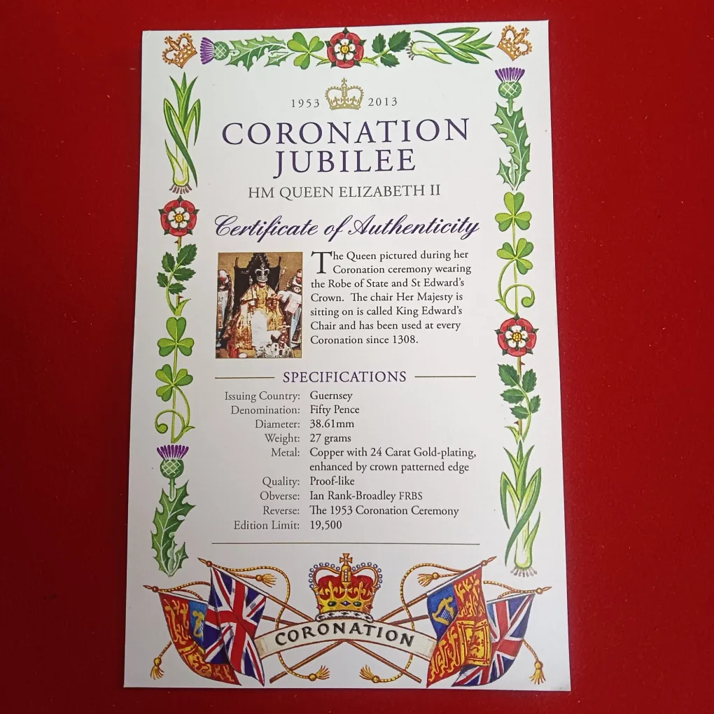 2013 Queen Elizabeth II 60th Anniversary of the Coronation (1953–2013) Commemorative Proof Coin often styled as a 50 pence or crown-size commemorative Proof Coin issue from British Crown dependencies Guernsey