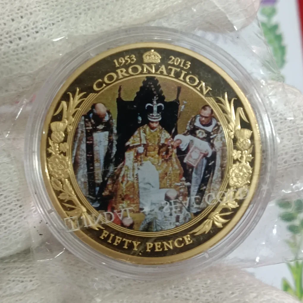 2013 Queen Elizabeth II 60th Anniversary of the Coronation (1953–2013) Commemorative Proof Coin often styled as a 50 pence or crown-size commemorative Proof Coin issue from British Crown dependencies Guernsey