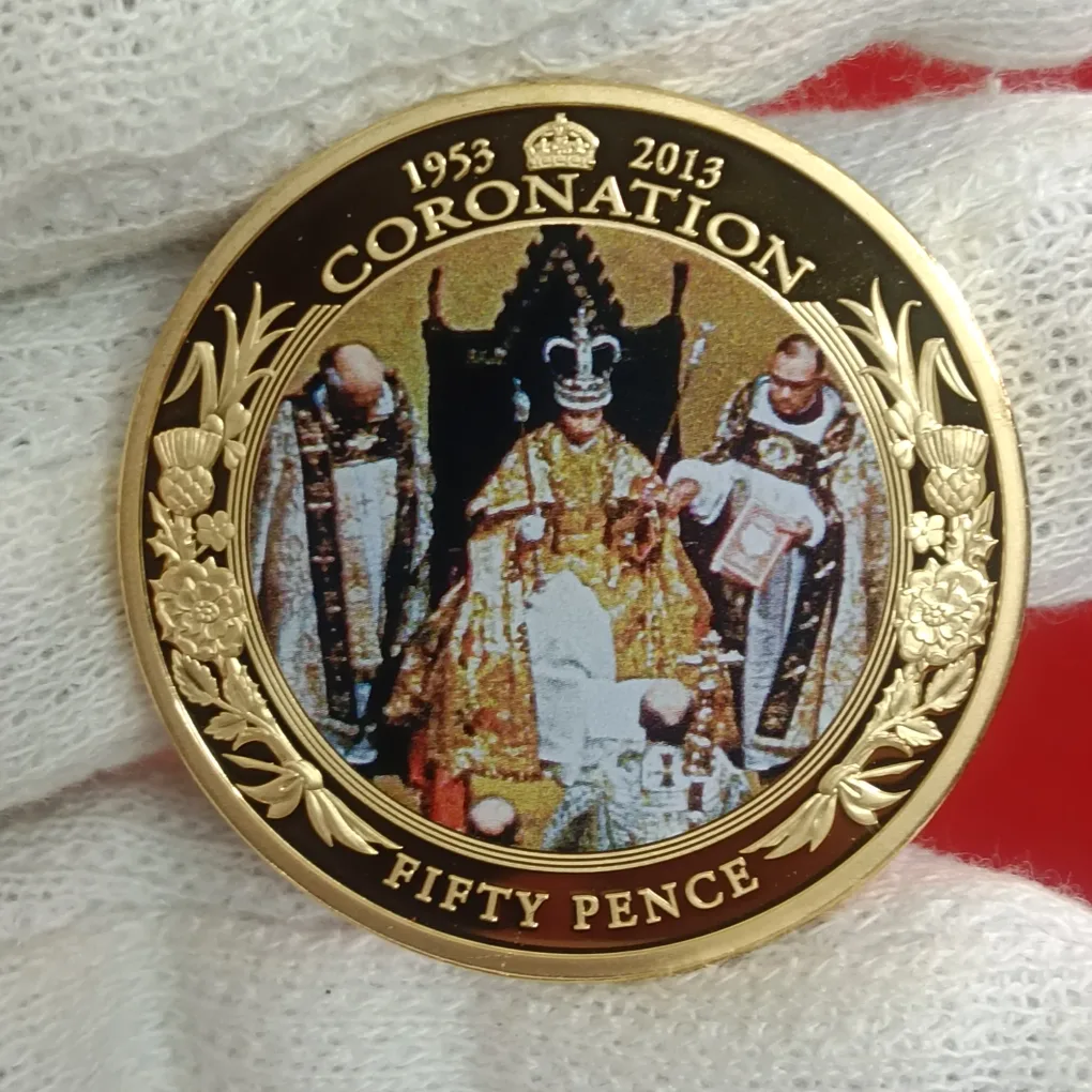 2013 Queen Elizabeth II 60th Anniversary of the Coronation (1953–2013) Commemorative Proof Coin often styled as a 50 pence or crown-size commemorative Proof Coin issue from British Crown dependencies Guernsey