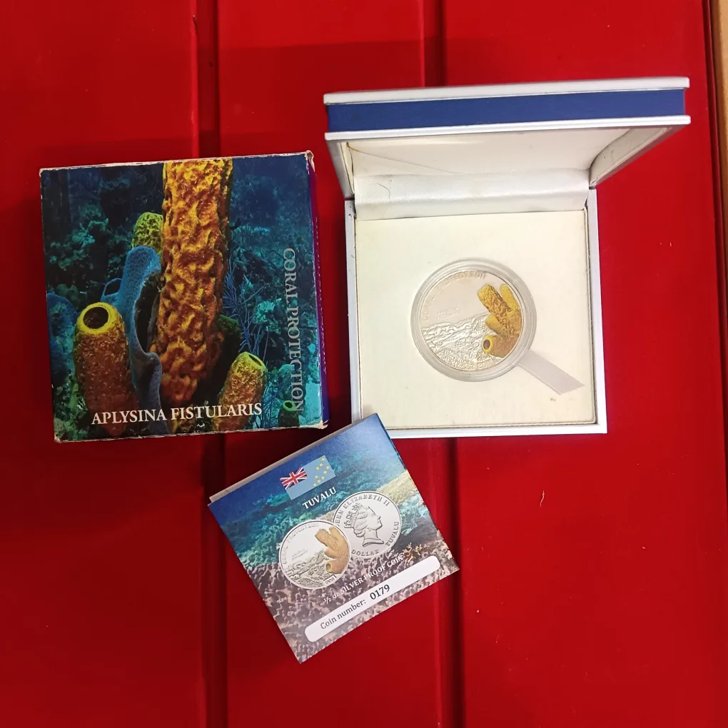 Rare 2011 Tuvalu 1 Dollar "Yellow Sponge" (Aplysina fistularis) Silver Proof Coin from the Coral Protection series