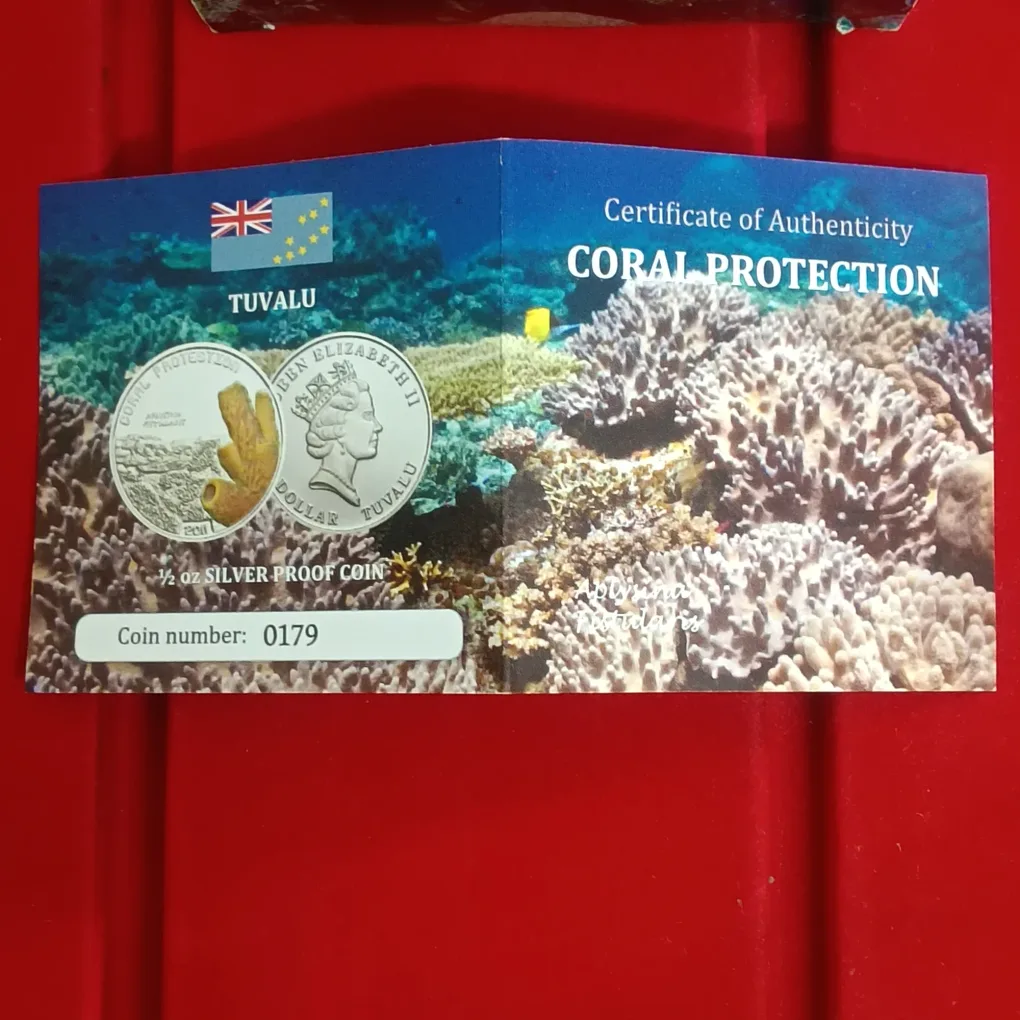 Rare 2011 Tuvalu 1 Dollar "Yellow Sponge" (Aplysina fistularis) Silver Proof Coin from the Coral Protection series