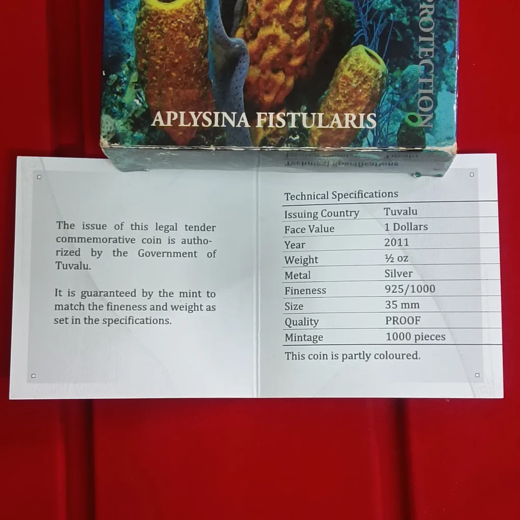 Rare 2011 Tuvalu 1 Dollar "Yellow Sponge" (Aplysina fistularis) Silver Proof Coin from the Coral Protection series