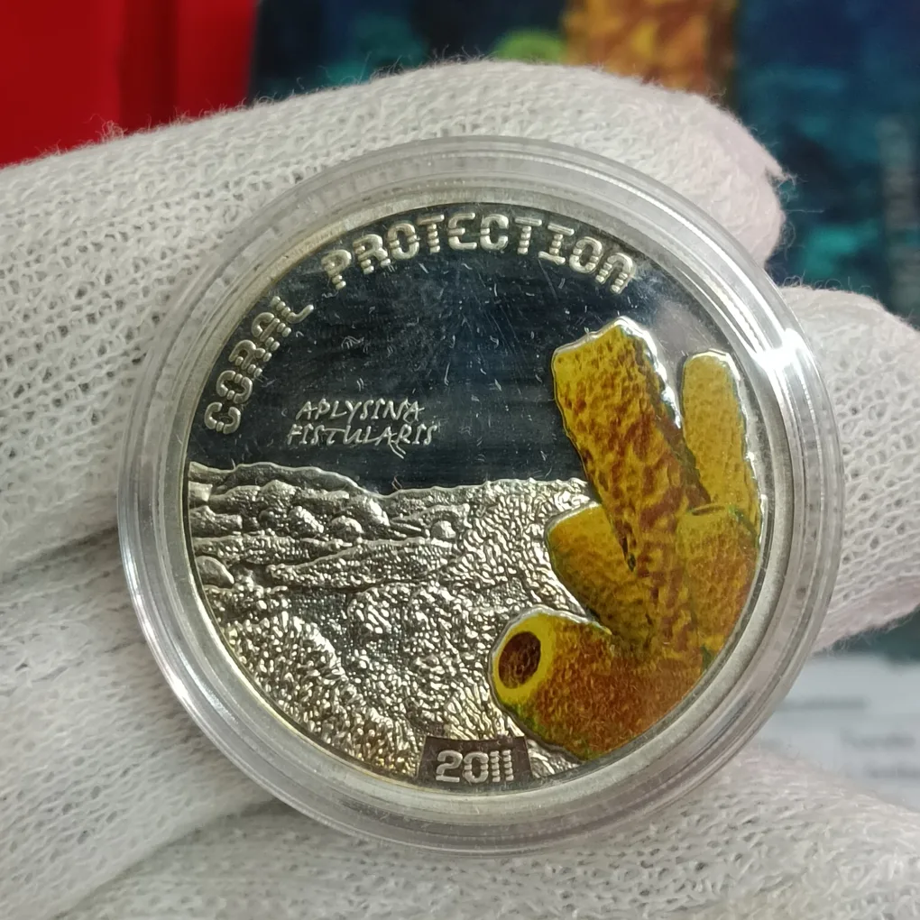 Rare 2011 Tuvalu 1 Dollar "Yellow Sponge" (Aplysina fistularis) Silver Proof Coin from the Coral Protection series
