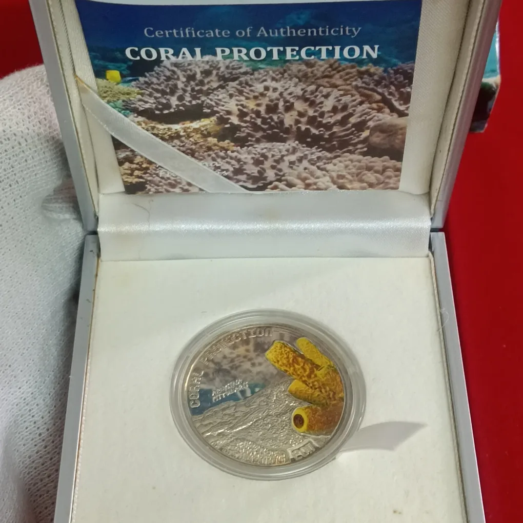 Rare 2011 Tuvalu 1 Dollar "Yellow Sponge" (Aplysina fistularis) Silver Proof Coin from the Coral Protection series