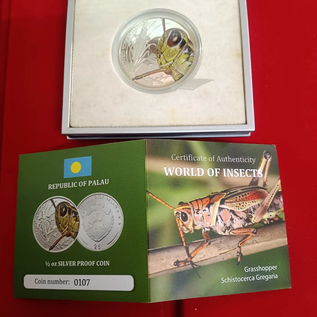 Ex Rare 2010 Palau $2 "Grasshopper" (World of Insects series) half-ounce silver proof coin issued by Republic of Palau