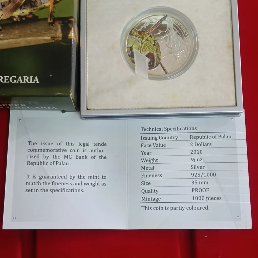 Ex Rare 2010 Palau $2 "Grasshopper" (World of Insects series) half-ounce silver proof coin issued by Republic of Palau