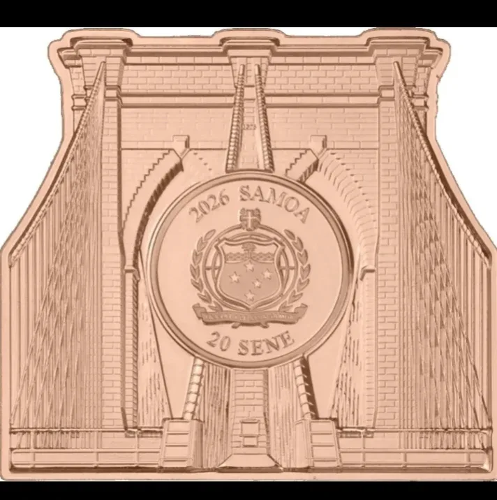 Ex Rare 2026 Samoa Landscape of New York 20 Sene The Brooklyn Bridge Shaped Copper Proof Coin