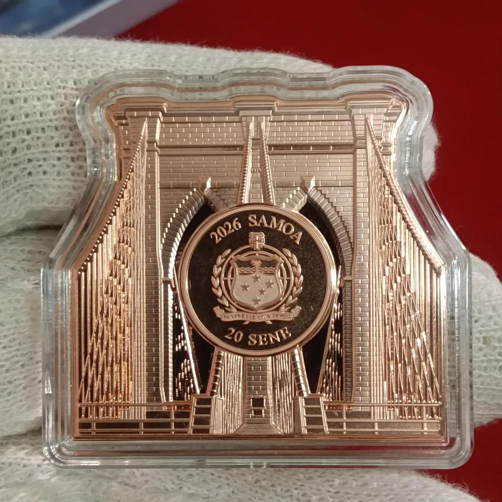 Ex Rare 2026 Samoa Landscape of New York 20 Sene The Brooklyn Bridge Shaped Copper Proof Coin