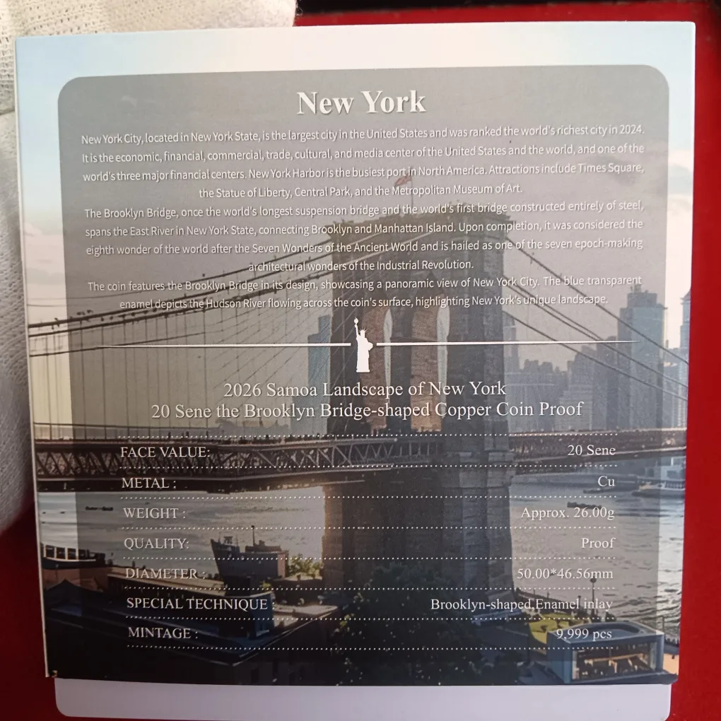 Ex Rare 2026 Samoa Landscape of New York 20 Sene The Brooklyn Bridge Shaped Copper Proof Coin