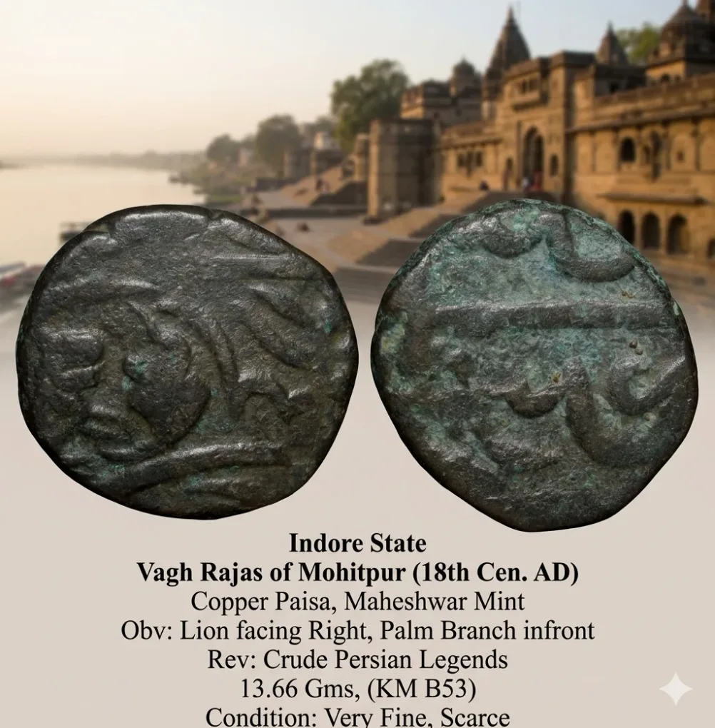 Copper Paisa of Vagh Raja's of Mahidpur (18th Cen. AD) from Indore State with Lion KM B53 Rare