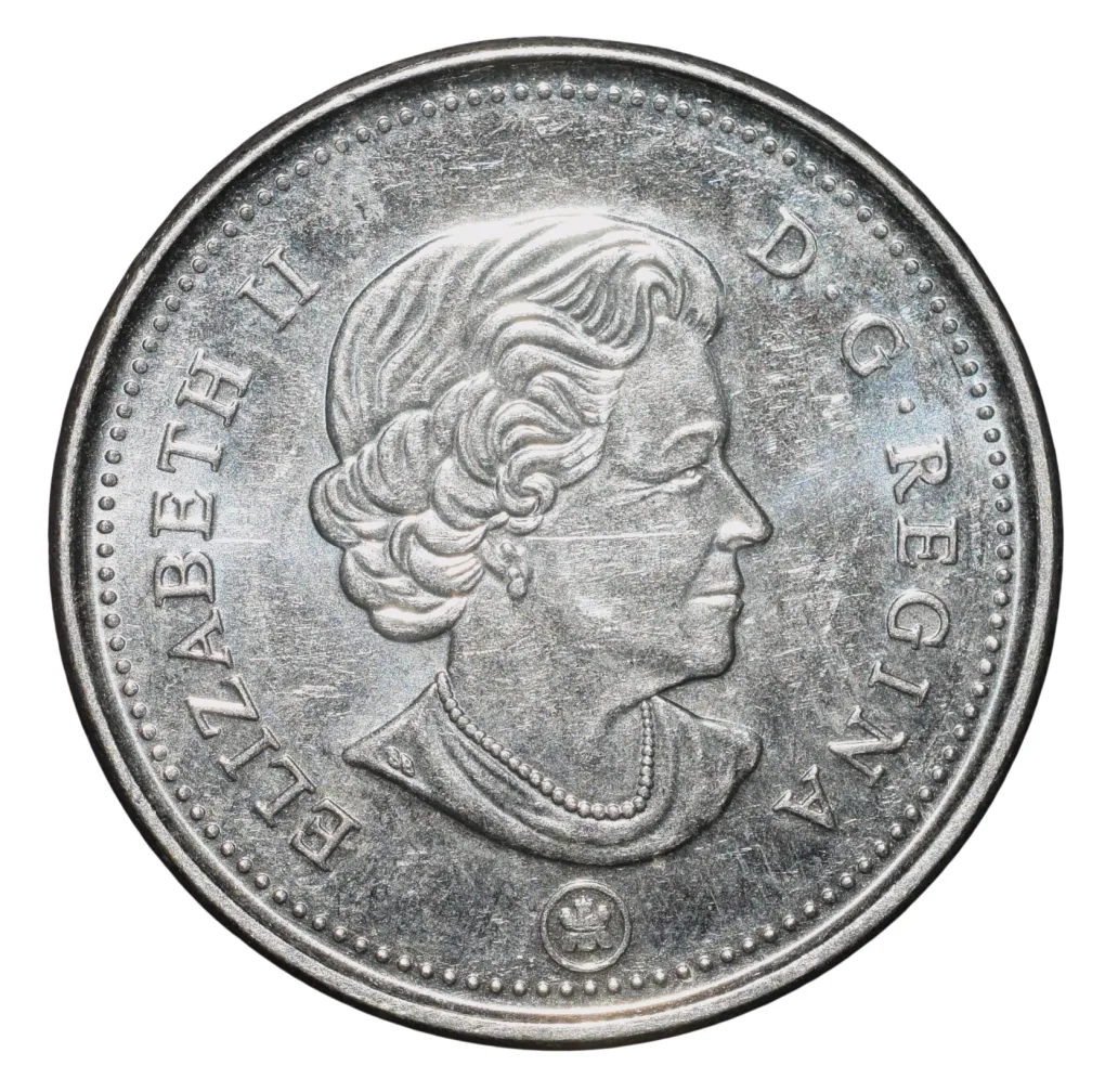 Nickel Plated Steel 5 Cents of Elizabeth II (AD2022) from Canada with a Beaver standing on a mound in a lake About UNC
