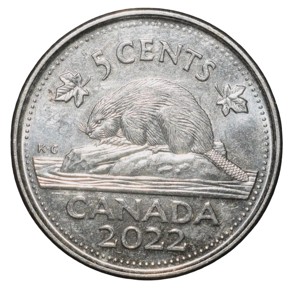 Nickel Plated Steel 5 Cents of Elizabeth II (AD2022) from Canada with a Beaver standing on a mound in a lake About UNC