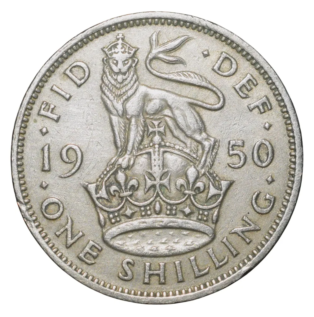 Copper-Nickel 1 Shilling of George VI (AD 1950) from Great Brittain Lion above Crown