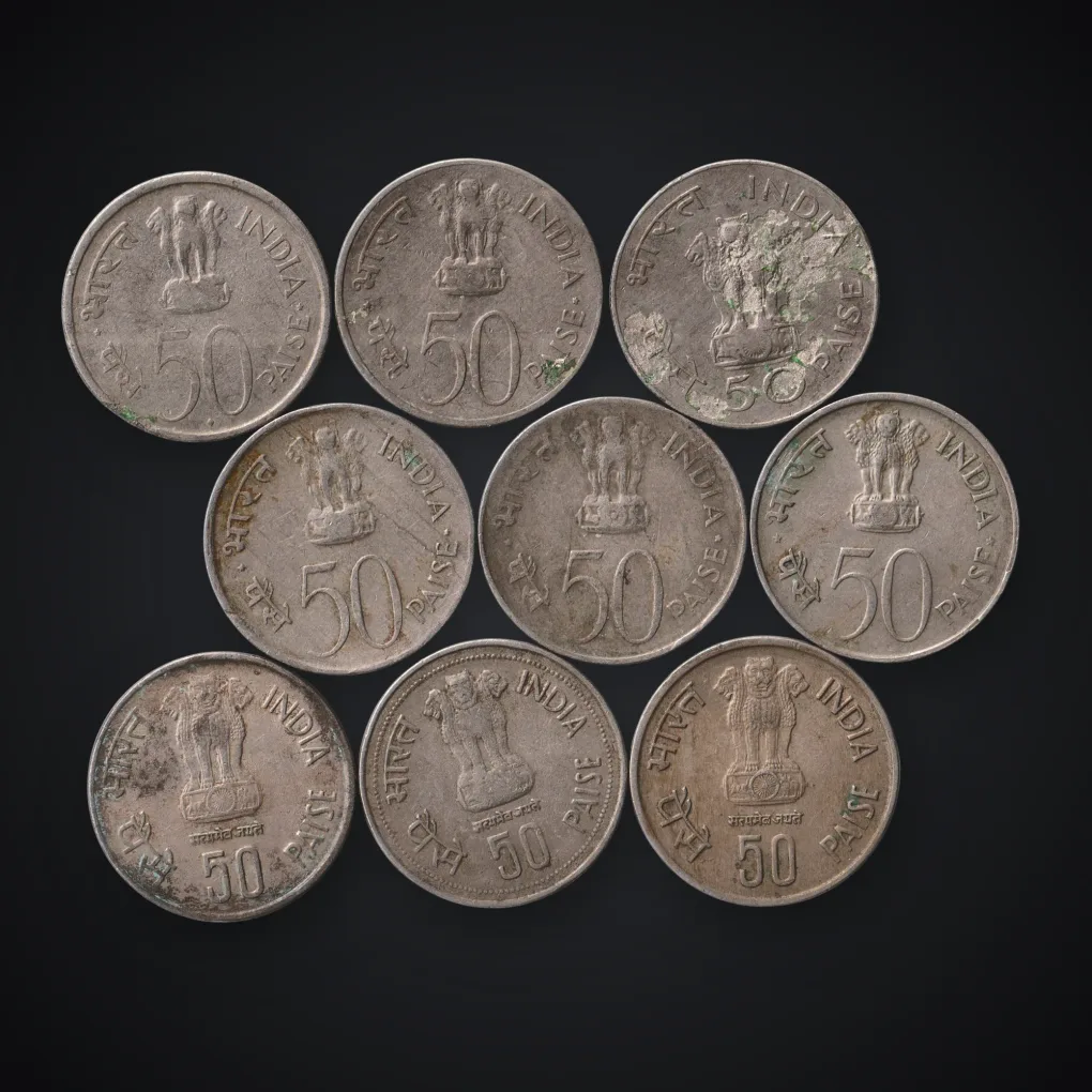 9 Coins Rare Set of 50 Paise Commemorative Lot of Jawaharlal Nehru, Mahtma Gandhi, Indira Gandhi, Independence, Grow More Food, National Integration, Reserve Bank, Fisheries Republic India Coin # A869