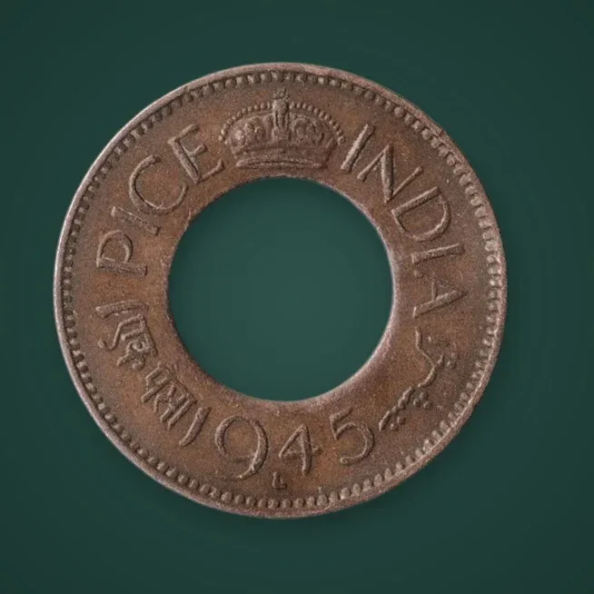 Rare 1 Pice 1945 King George VI Holed Pice Lahore Mint British India Coin # A873