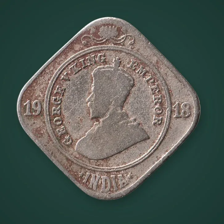 Rare 2 Annas 1918 King George V Calcutta Mint British India Square Coin # A875