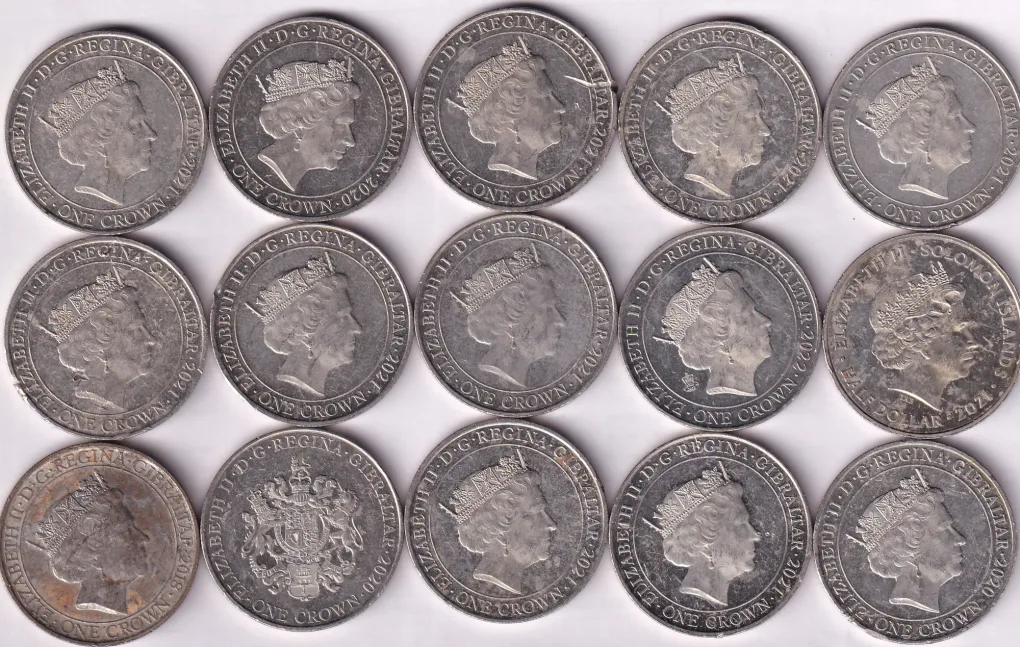 15 Different United Kingdom (Gibraltar) One Crown Rare (15 Coin) Set