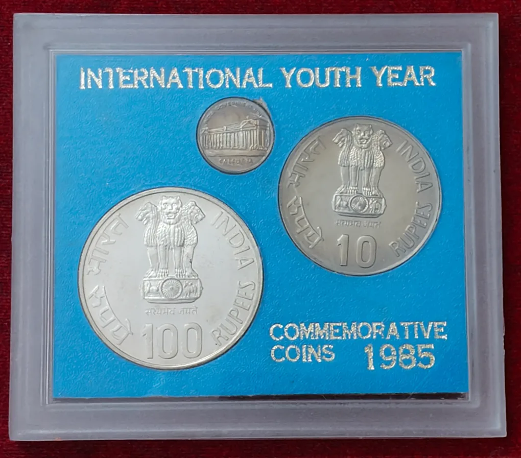 1985 – International Youth Year Proof 2 Coins Set (Rs.100, Rs.10) Calcutta Mint(Kolkata)
