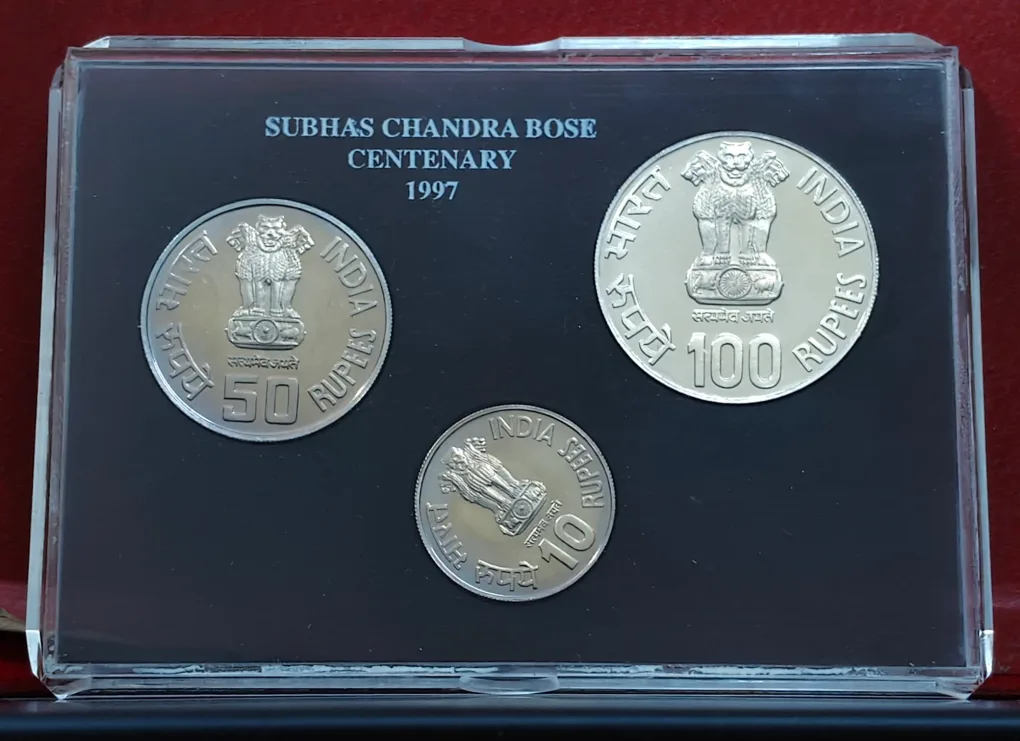 1997 – Subhash Chandra Bose Centenary UNC 3 Coins Set ( Rs.100, Rs. 50, Rs.10 ) Calcutta (Kolkata) Mint
