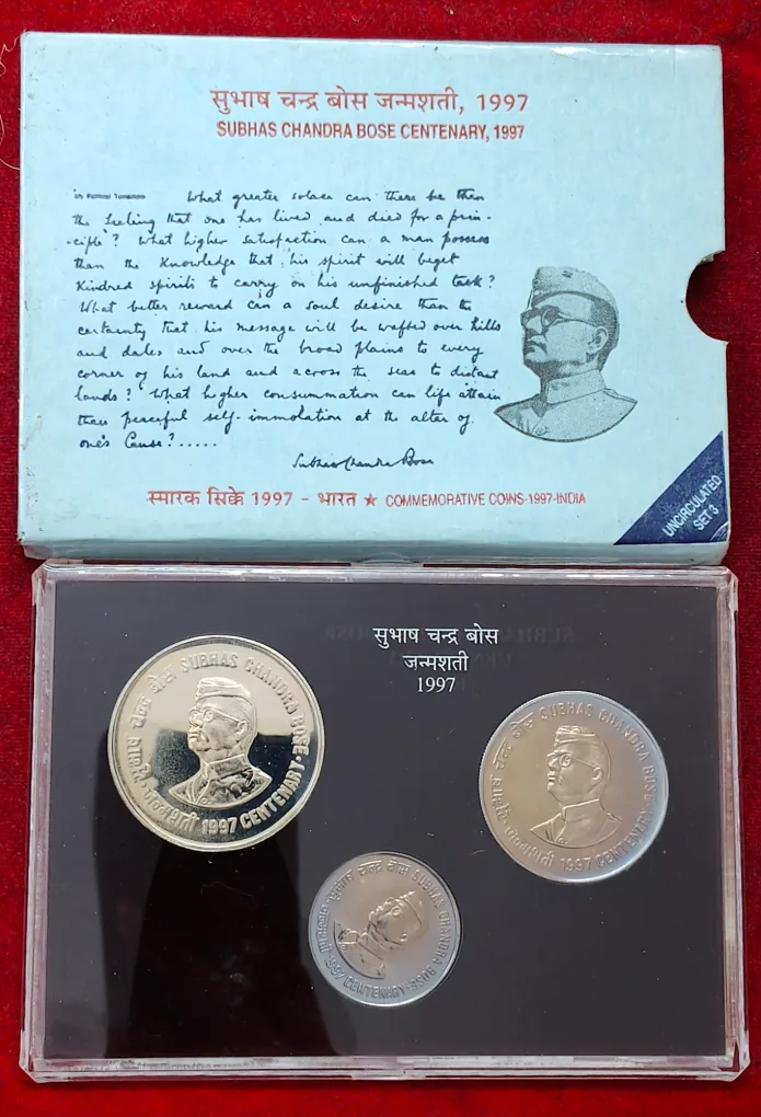 1997 – Subhash Chandra Bose Centenary UNC 3 Coins Set ( Rs.100, Rs. 50, Rs.10 ) Calcutta (Kolkata) Mint