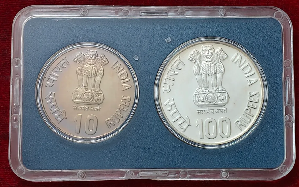 1985 - RBI Golden Jubilee Proof 2 Coins Set ( Rs.100, Rs.10 ) Bombay Mint (Mumbai)