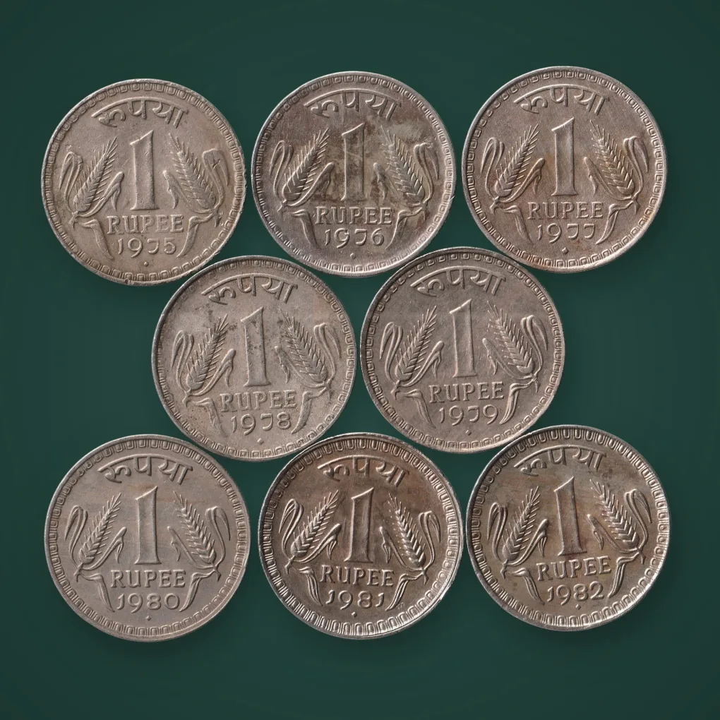 8 Different Years Rare 1 Rupee 1975 to 1982 Famous Dabbu Coins Lot of Wheat Ears Bombay Mint Republic India Copper Nickel Coin # A903