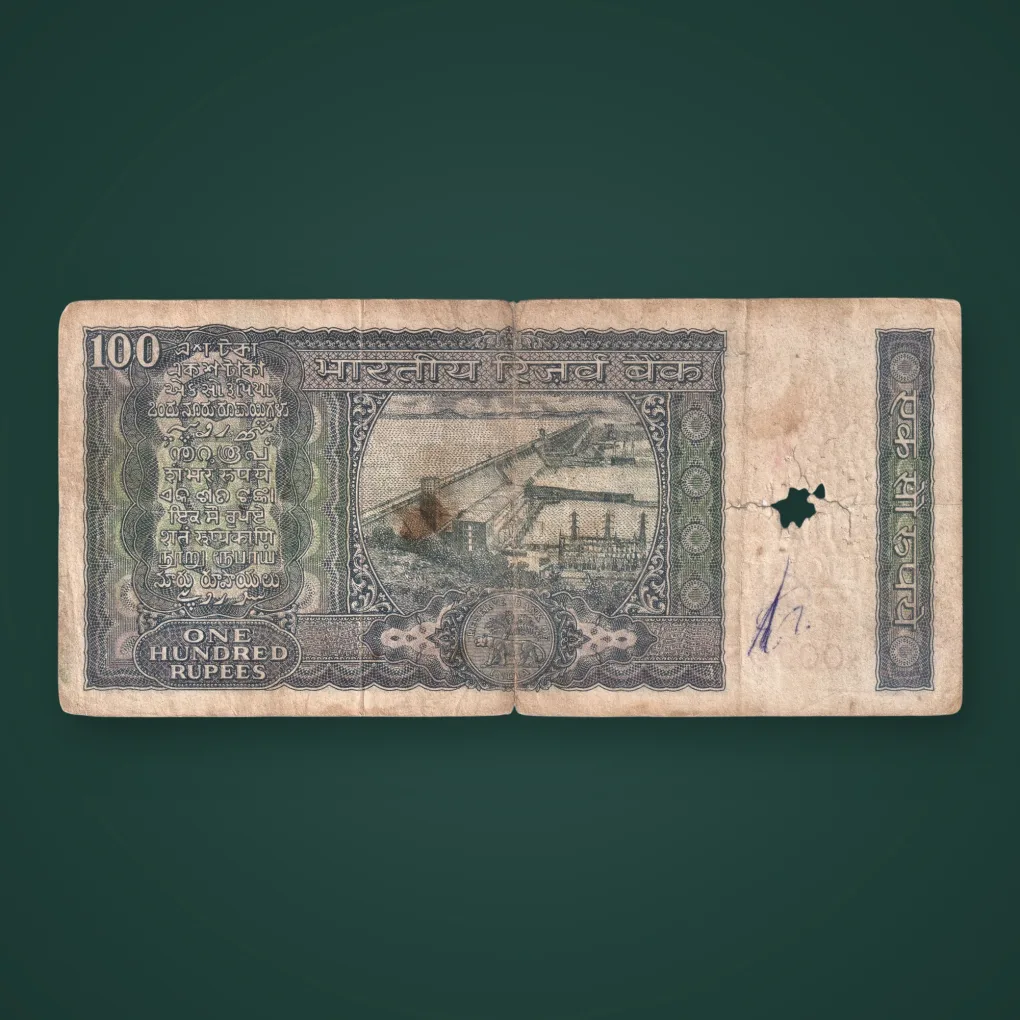 Rare 100 Rupees K.R. Puri Hirakud Dam Ashoka Pillar Republic of India Old Note # A919