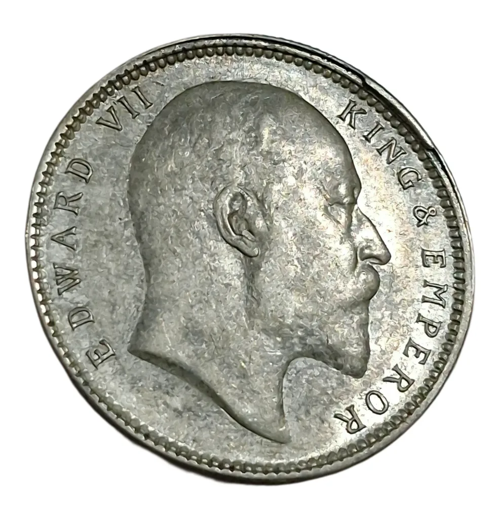 British India Silver ONE RUPEE Year 1906 King EDWARD-VII with EXTRA METAL Or DIE CUD Error in High AUNC Grade.