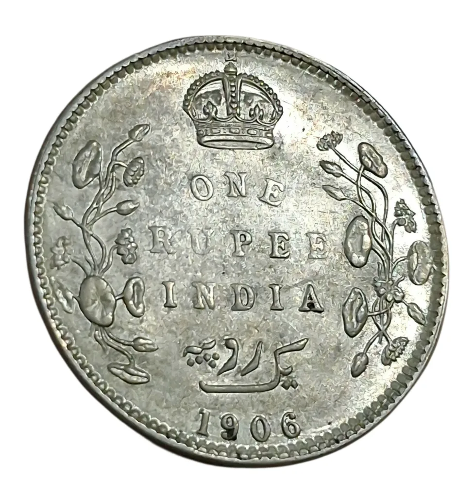 British India Silver ONE RUPEE Year 1906 King EDWARD-VII with EXTRA METAL Or DIE CUD Error in High AUNC Grade.