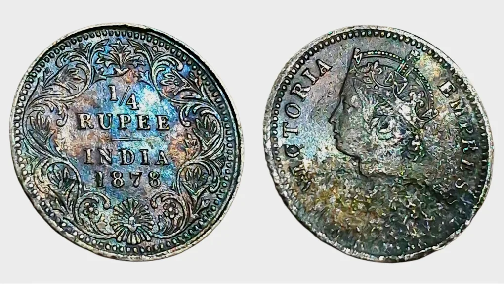 British India Silver 1/4 RUPEE Year 1878 VICTORIA EMPRESS with MASSIVE STRUCK THROUGH LAMINATED Error **V.RARE** High Collectable Grade.