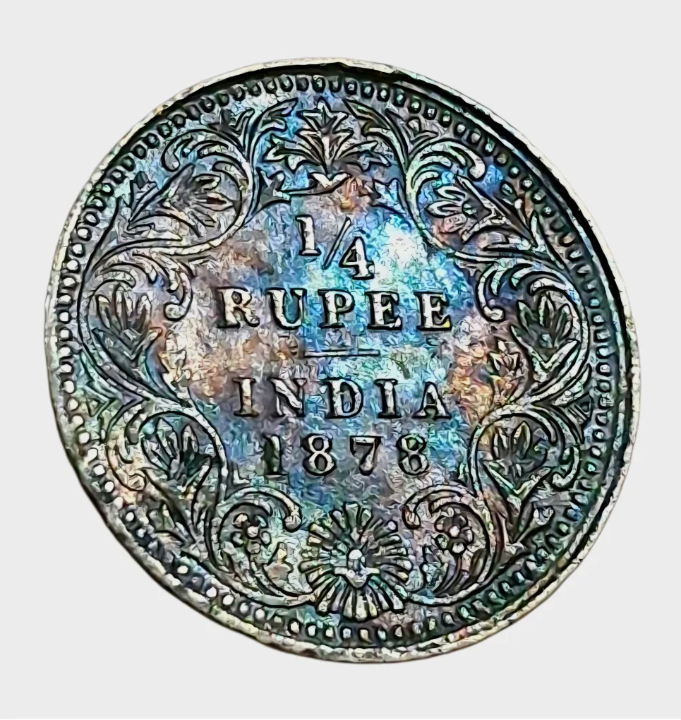 British India Silver 1/4 RUPEE Year 1878 VICTORIA EMPRESS with MASSIVE STRUCK THROUGH LAMINATED Error **V.RARE** High Collectable Grade.