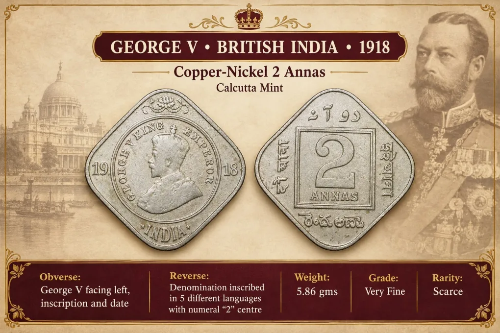 Copper-Nickel 2 Annas of George V (AD 1918) of Calcutta Mint Scarce