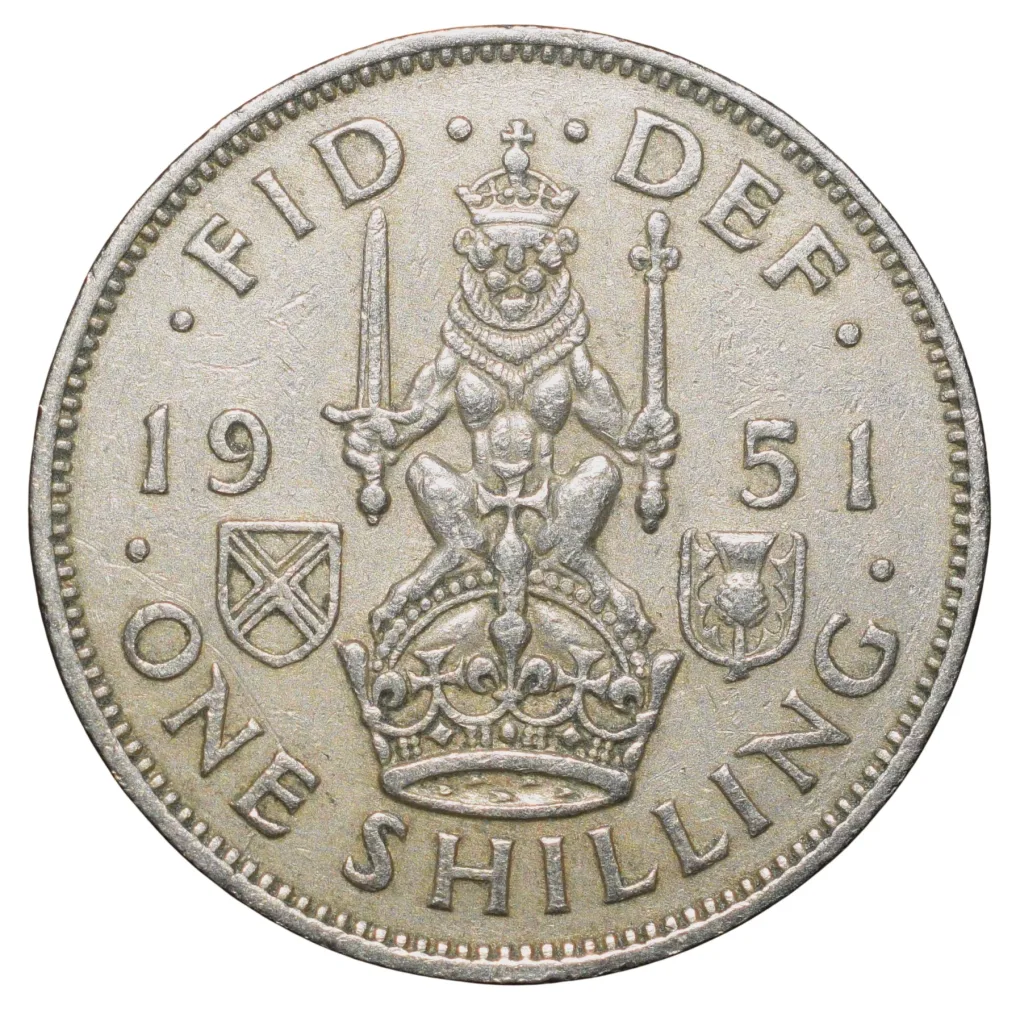 Copper-Nickel 1 Shilling of George VI (AD 1951) from Great Brittain Lion above Crown