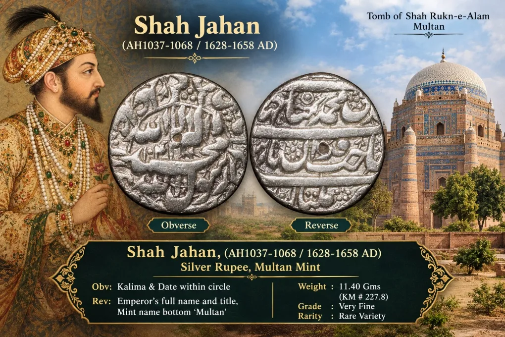 Silver Rupee of Shah Jahan(AD 1628-58) of Multan Mint KM 227.8 Rare