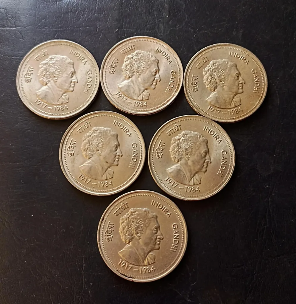 Republic India  Denomination 5 rupees  Metal coper nickel  Backside of Indira Gandhi Same and similar piece available