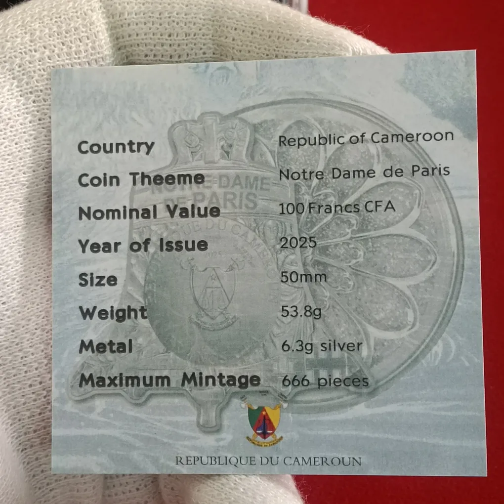 Ex Rare Notre-Dame de Paris Commemorative Proof Coin ★ 🇨🇲 Cameroon – 2025 – 100 Francs CFA | 53.3 g (47 g Copper + 6.3 g Silver) | BU (Brilliant Uncirculated) | Bi-Metal Issue | Limited Mintage: 666 pcs