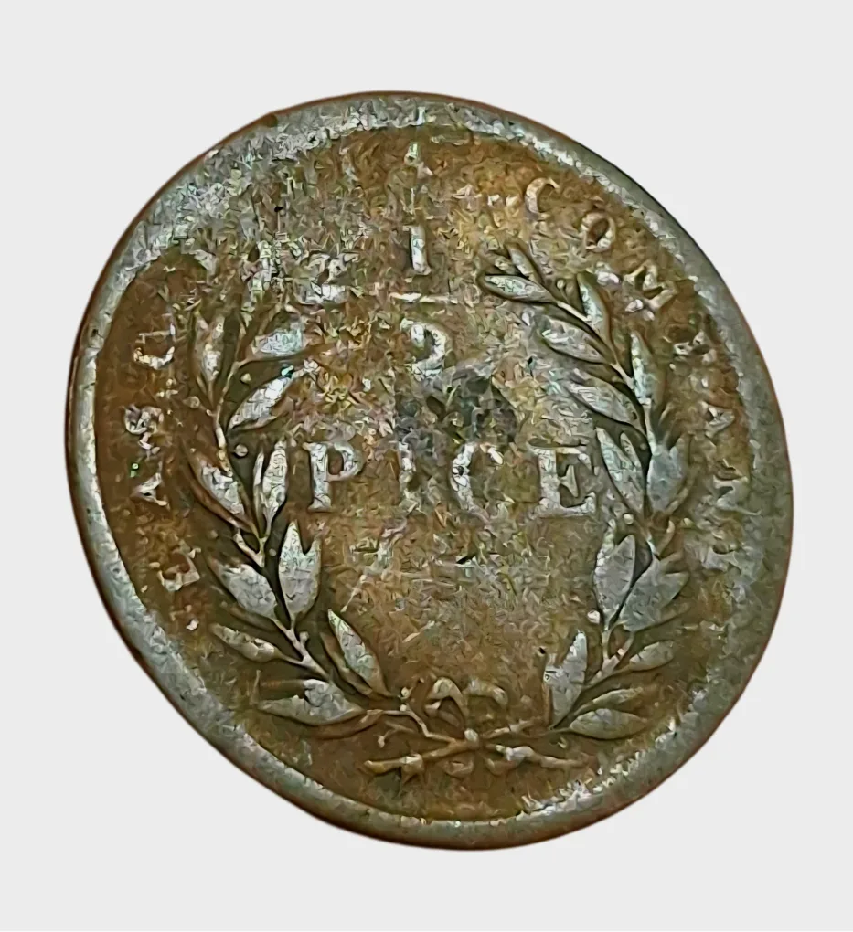 British India 1/2 PICE Copper Year 1853 EAST INDIA COMPANY **V.SCARE** Used Condition.