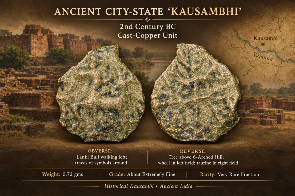 Cast-Copper Unit of Ancient City-State 'Kausambhi' (2nd Cen. BC) with Lanki Bull/Tree on Hill Very Rare
