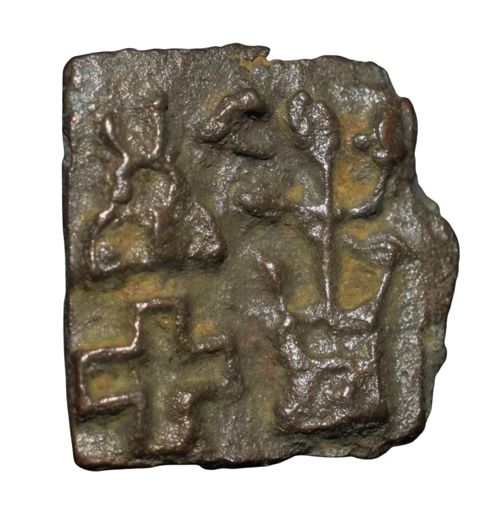 Cast-Copper Kakani of Sunga Kingdom (187-75 BC) with Multiple Symbols in Mint Grade Rare