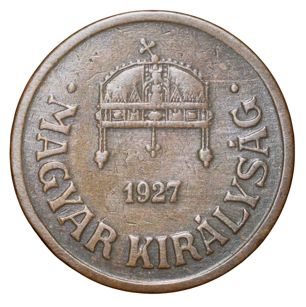 Old Bronze 2 Filler of Miklós Horthy (AD 1927) of Hungary with Crown of St. Stephen