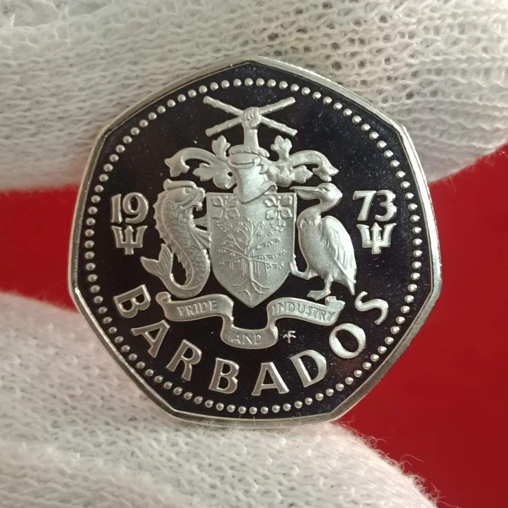 Ex Rare One Dollar Proof Coin 1973 Year PRIDE AND INDUSTRY Issue BARBADOS F3