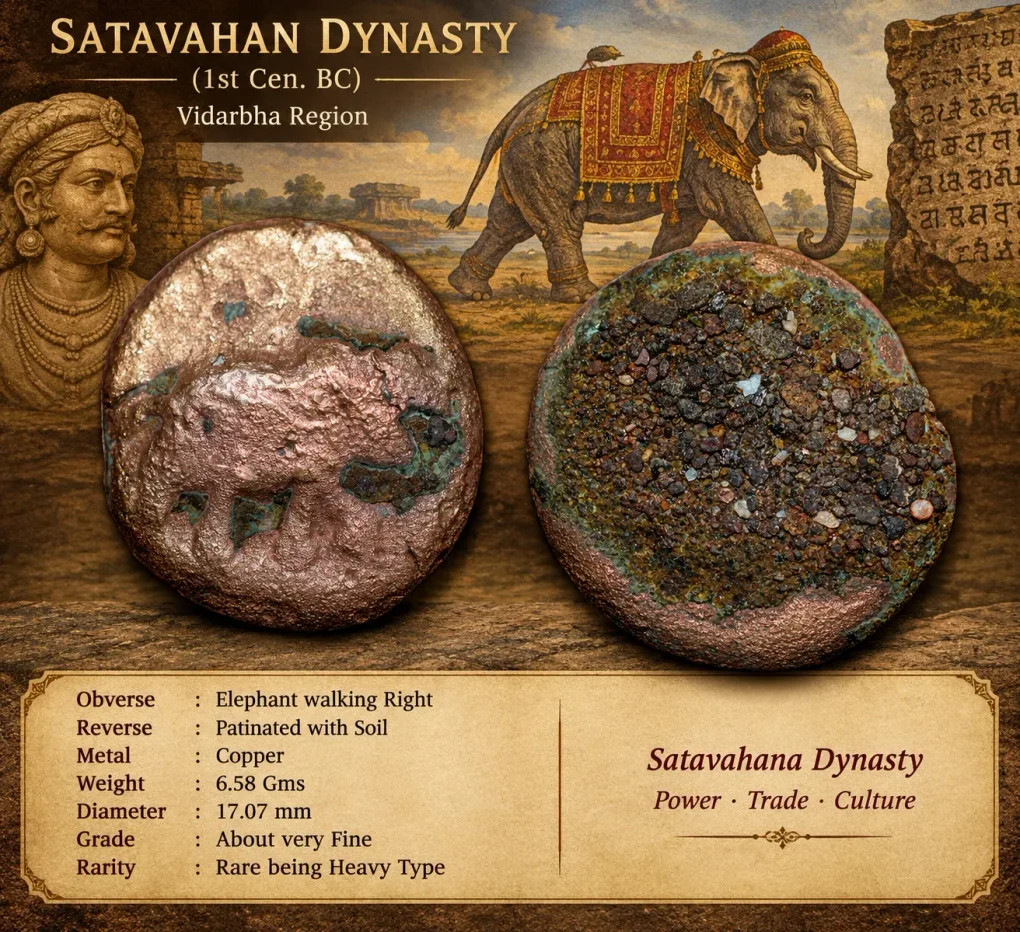 Copper Coin of Satavahan Dynasty (1st Cen. BC) with Elephant walking Right from Vidarbha