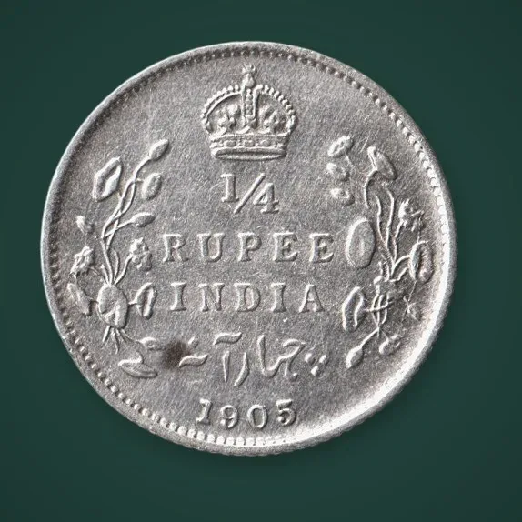 Rare 1/4 Rupee 1905 Edward VII King and Emperor Calcutta Mint British India Silver Coin # A937