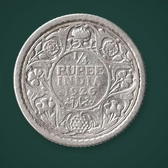 Rare 1/4 Rupee 1926 King George V Calcutta Mint British India Silver Coin # A939