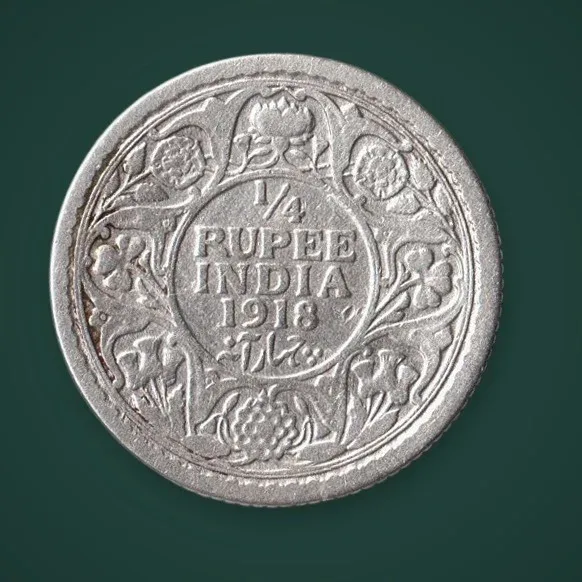 Rare 1/4 Rupee 1918 King George V Silver Calcutta Mint British India Coin # A940