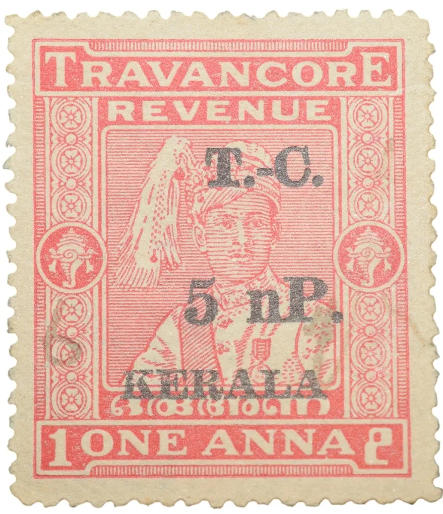 Old Revenue Stamp from Travancore State 1 Anna Dull Red-White Colour Over-Printed in Black T.C. 5 New Paise Kerala - Used Condition as per Image, Rare.