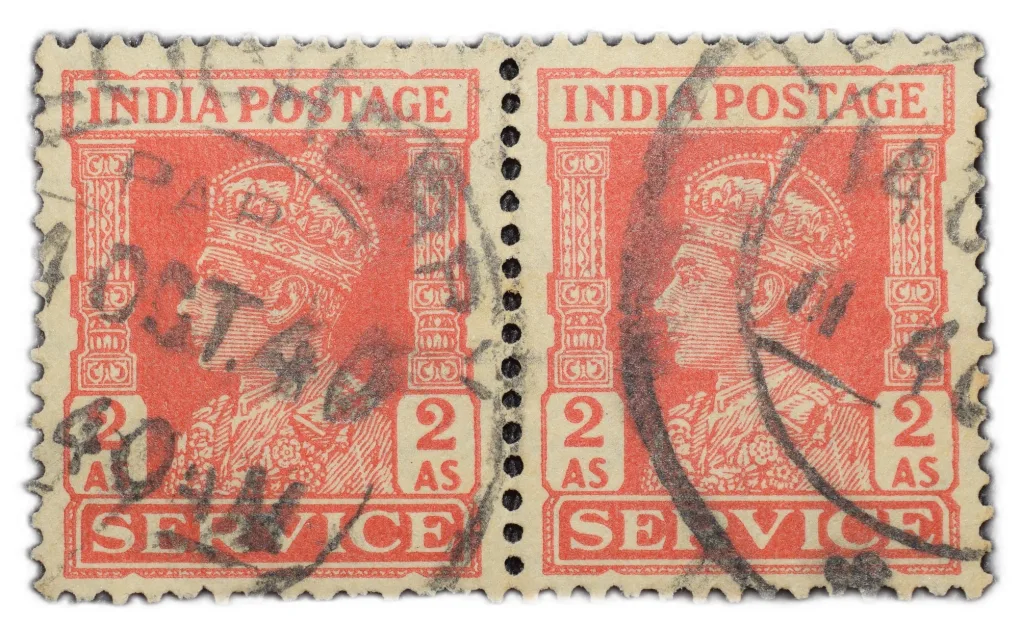 Postal Stamp of George VI 2 Annas - Block of 2 Stamps - Service Issue - Red & White Colour - Used as per Image.