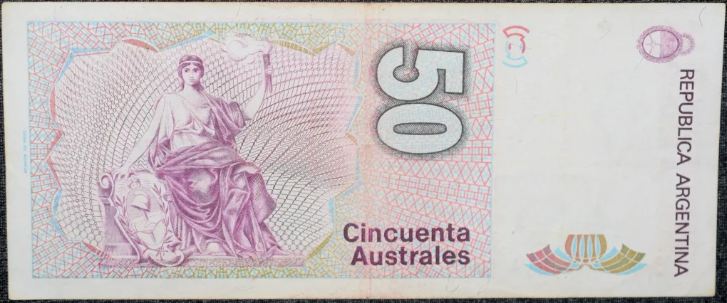50 Australes of Argentina (AD 1986-1989) with Portrait of Bartolomé Mitre/ Liberty (Progreso) with torch and shield seated
