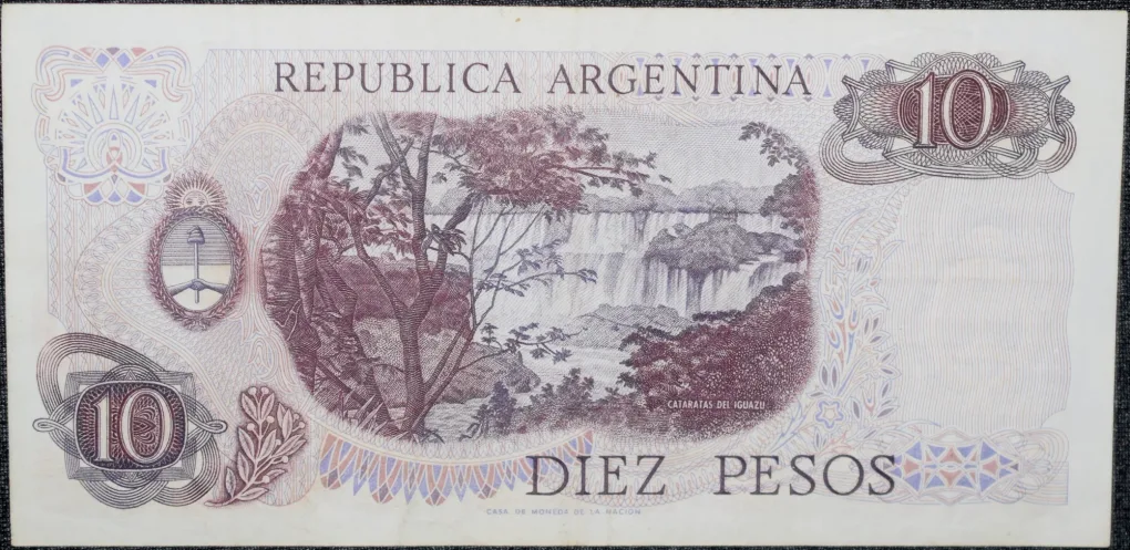 10 Pesos of Argentina (AD 1970-1973) with Portrait of General Belgrano/ vignette of Iguazu Falls